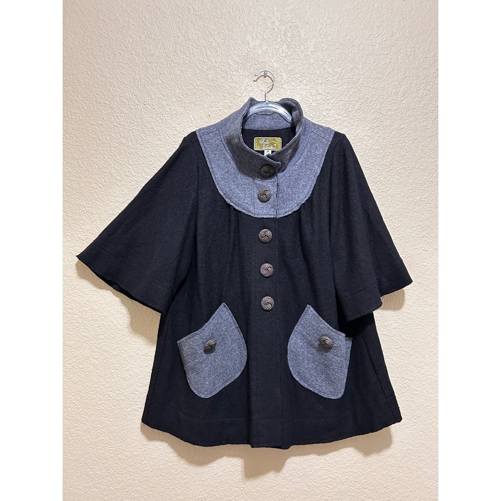 Aunt Wanda Size M Wool Blend Cape Coat Black Grey Colorblock Swing Jacket Retro